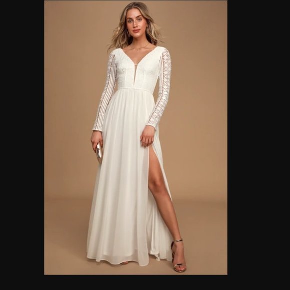Lulus Ivory Lace Long Sleeve Maxi Wedding Dress - Picture 1 of 3